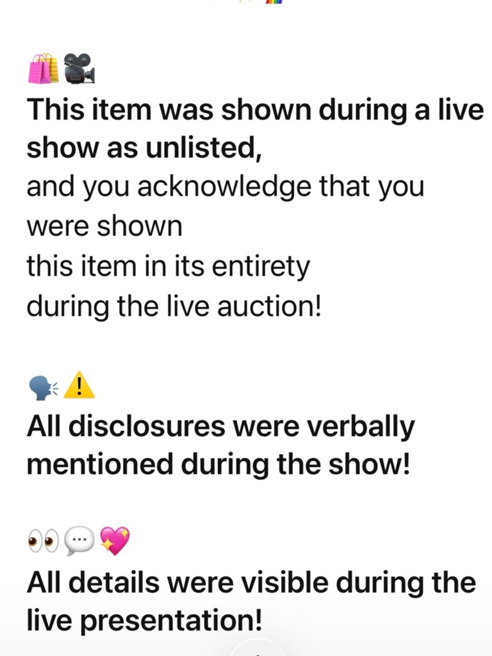 Flyer full disclosure of live auction item.